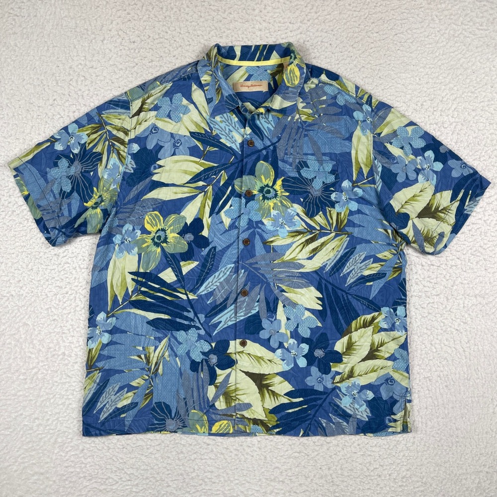 Tommy Bahama Silk Shirt Mens XL Blue Tropical Floral Short Sleeve Hawaiian Aloha